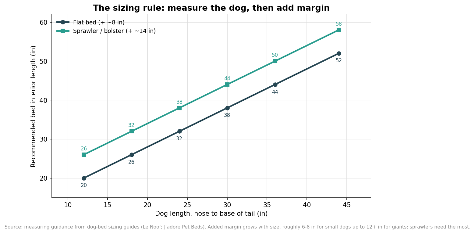 Line chart of recommended dog bed interior length versus a dog's nose-to-tail length for flat beds and sprawler bolster beds